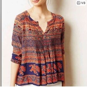 Anthropologie Vanessa Virginia Mahdia Elephant Pintuck Pleat Peasant Top